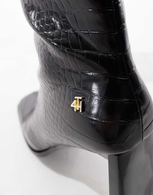 4th & Reckless square toe heeled ankle boots in black croc