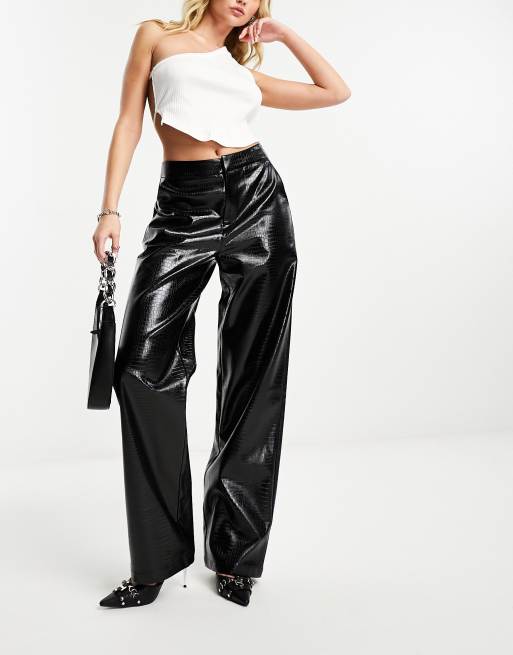 4th & Reckless straight leg faux leather trousers in black croc | ASOS