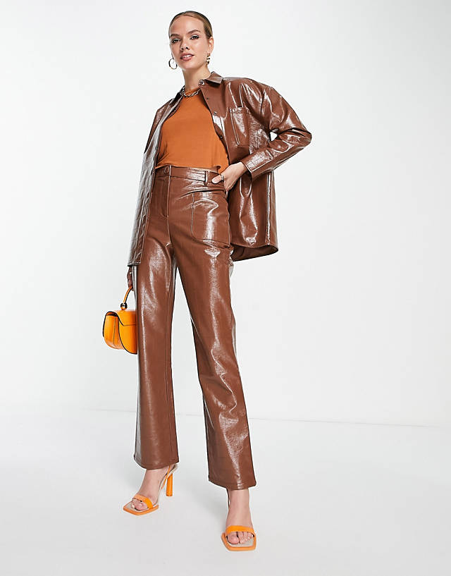 4th & Reckless - straight leg leather look embossed trouser co-ord in chocolate
