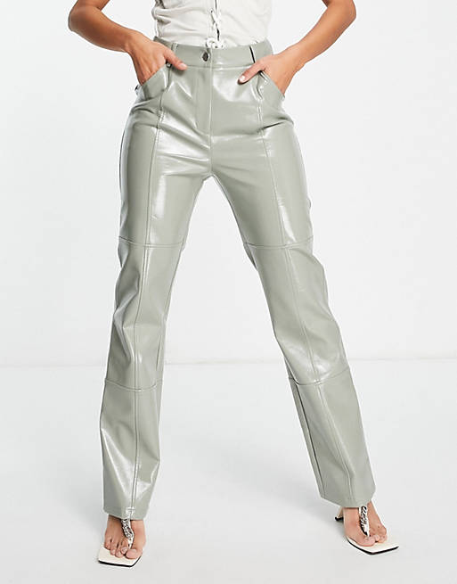 4th & Reckless straight leg leather look trousers in sage 