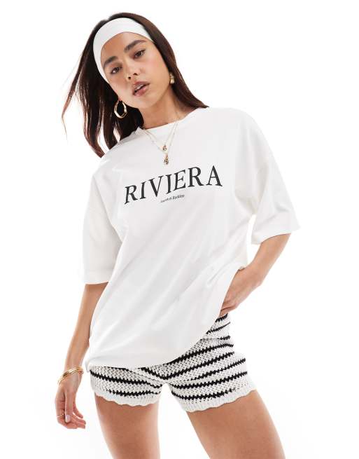 4th & Reckless – Strand-T-Shirt in gebrochenem Weiß mit „Riviera“-Print, Kombiteil
