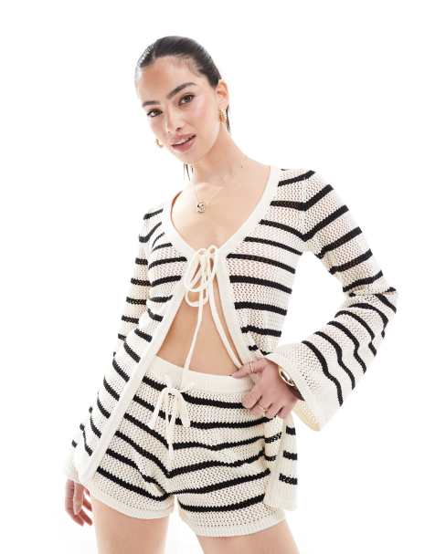 4th & Reckless – Strandhemd aus Häkelstoff in Creme gestreift mit Bindedetail vorne, Kombiteil - view 1