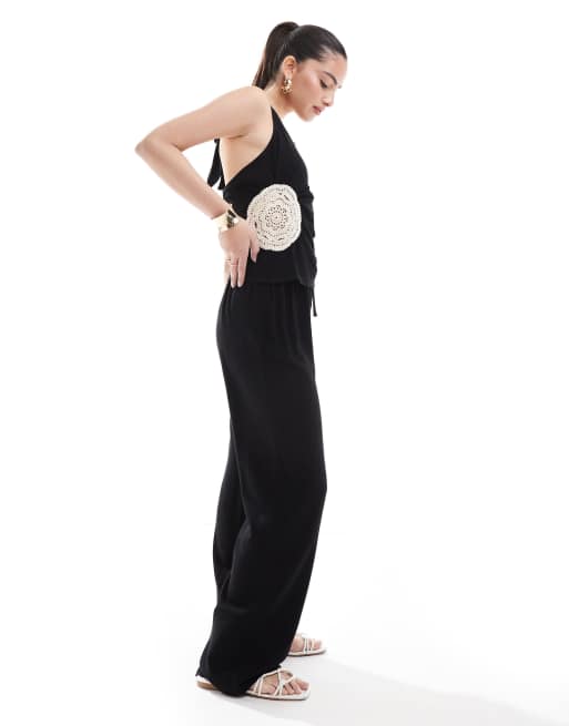 4th & Reckless - Strandtop met halternek en gehaakt paneel en broek in zwart, co-ord set