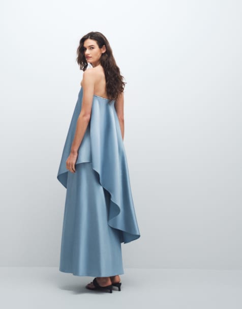 4th & Reckless strapless asymmetric drape layered satin maxi dress in light blue - view 1