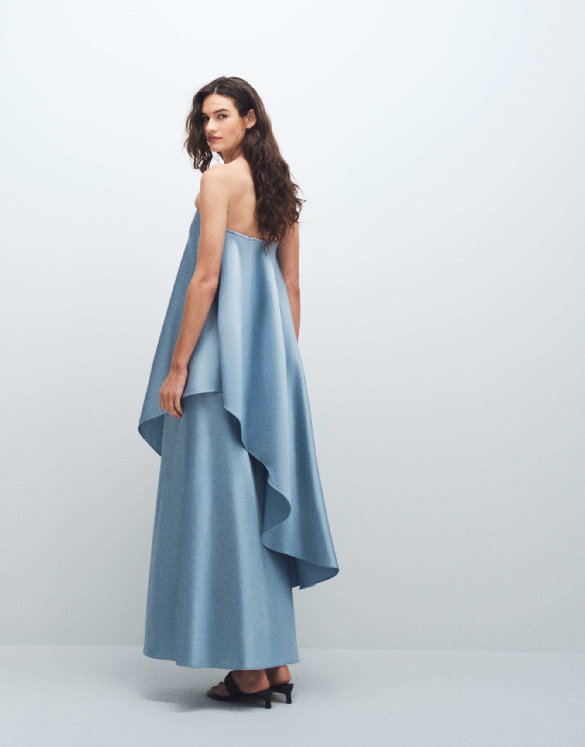 4th & reckless strapless asymmetric drape layered satin maxi dress in light blue