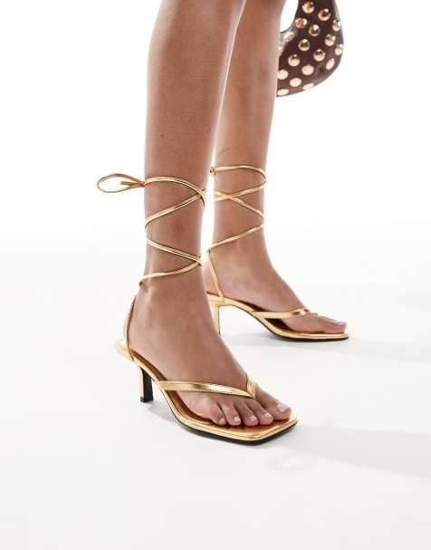 4th & Reckless strappy mid heeled thong sandals in metallic gold - view 1