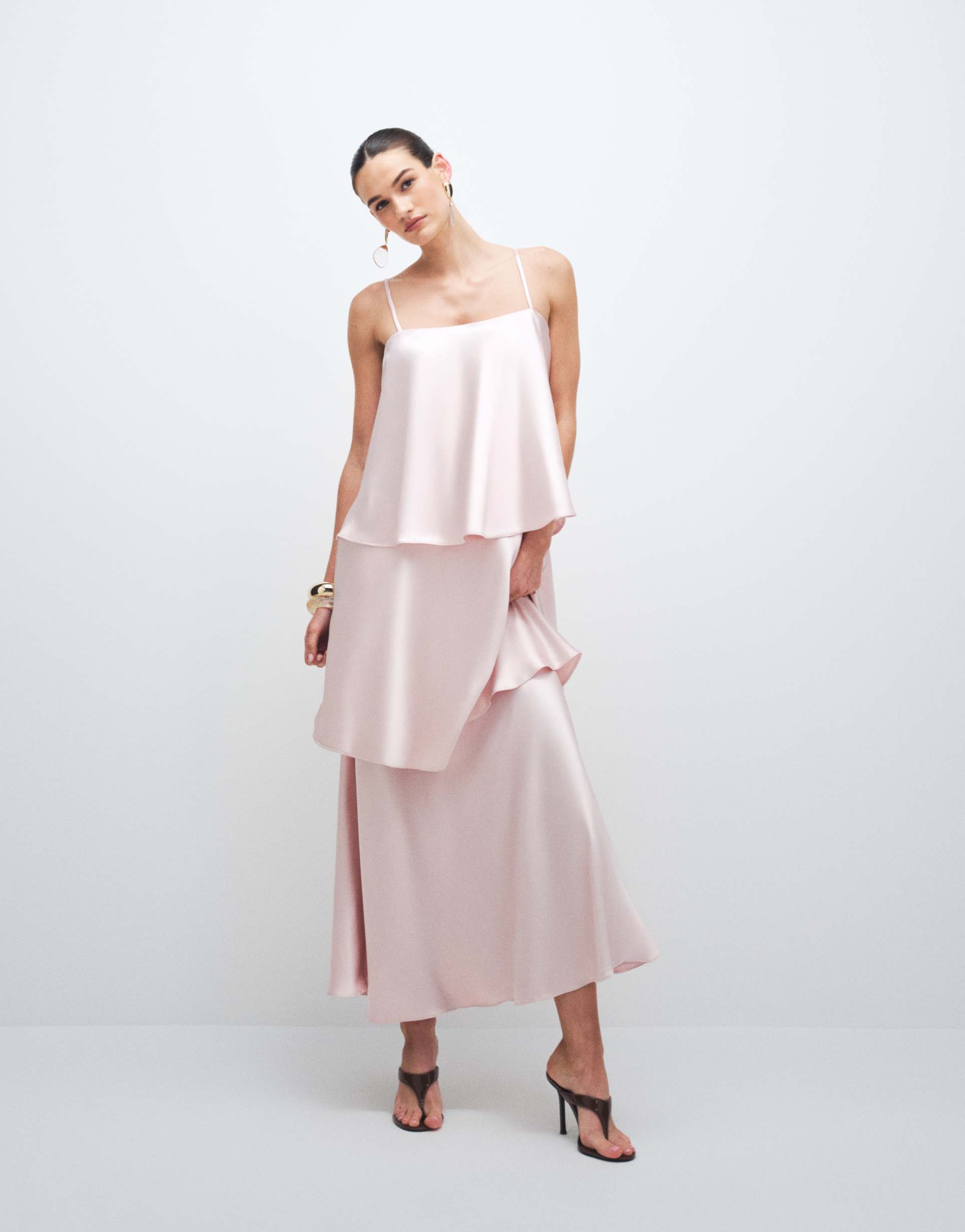 4th & reckless strappy tiered satin cami maxi dress in pink