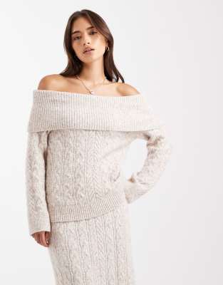 4th & Reckless - Strickpullover in Haferbeige mit Wollhaptik, breitem Carmen-Ausschnitt und Zopfmuster, Kombiteil-Neutra...