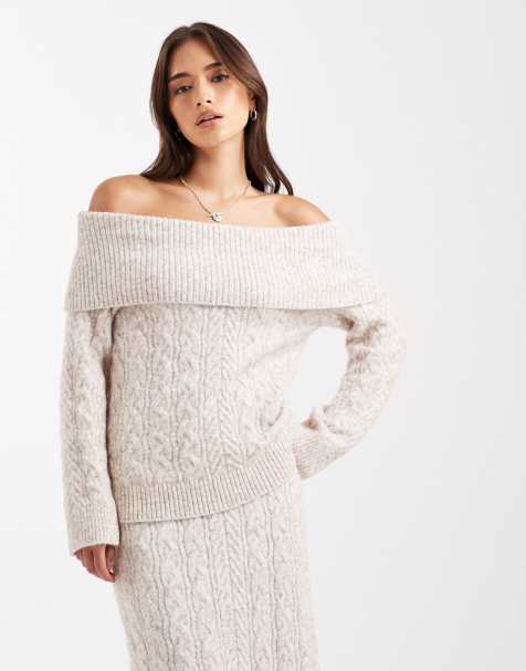 4th & Reckless – Strickpullover in Haferbeige mit Wollhaptik, breitem Carmen-Ausschnitt und Zopfmuster, Kombiteil - view 1