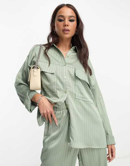 4th & Reckless stripe satin shirt in sage - part of a set