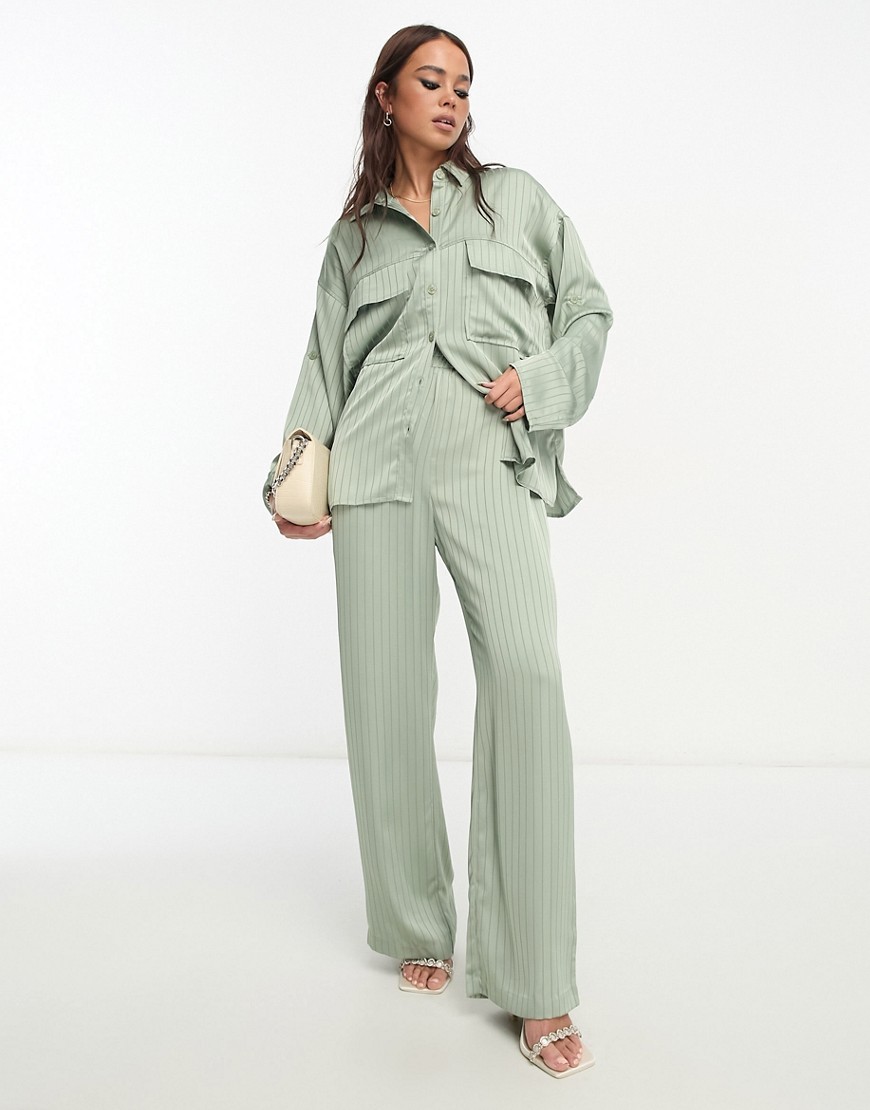 4th & Reckless stripe satin trouser co-ord in sage-Green