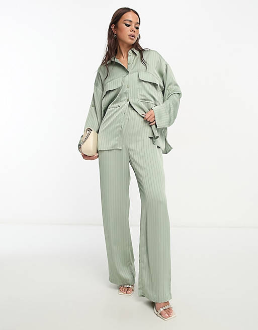 4th & Reckless striped satin pants in sage - part of a set | ASOS