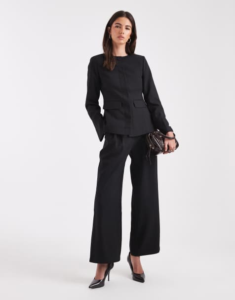 4th & Reckless structured collarless fluted sleeve blazer and straight leg pants set in black - view 1