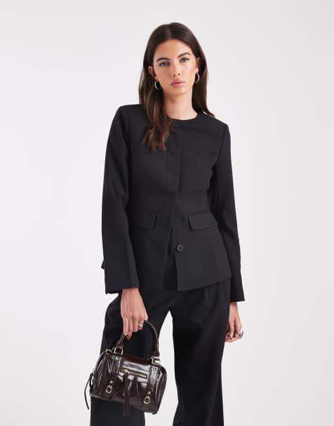 4th & Reckless structured collarless fluted sleeve blazer co-ord in black - view 1