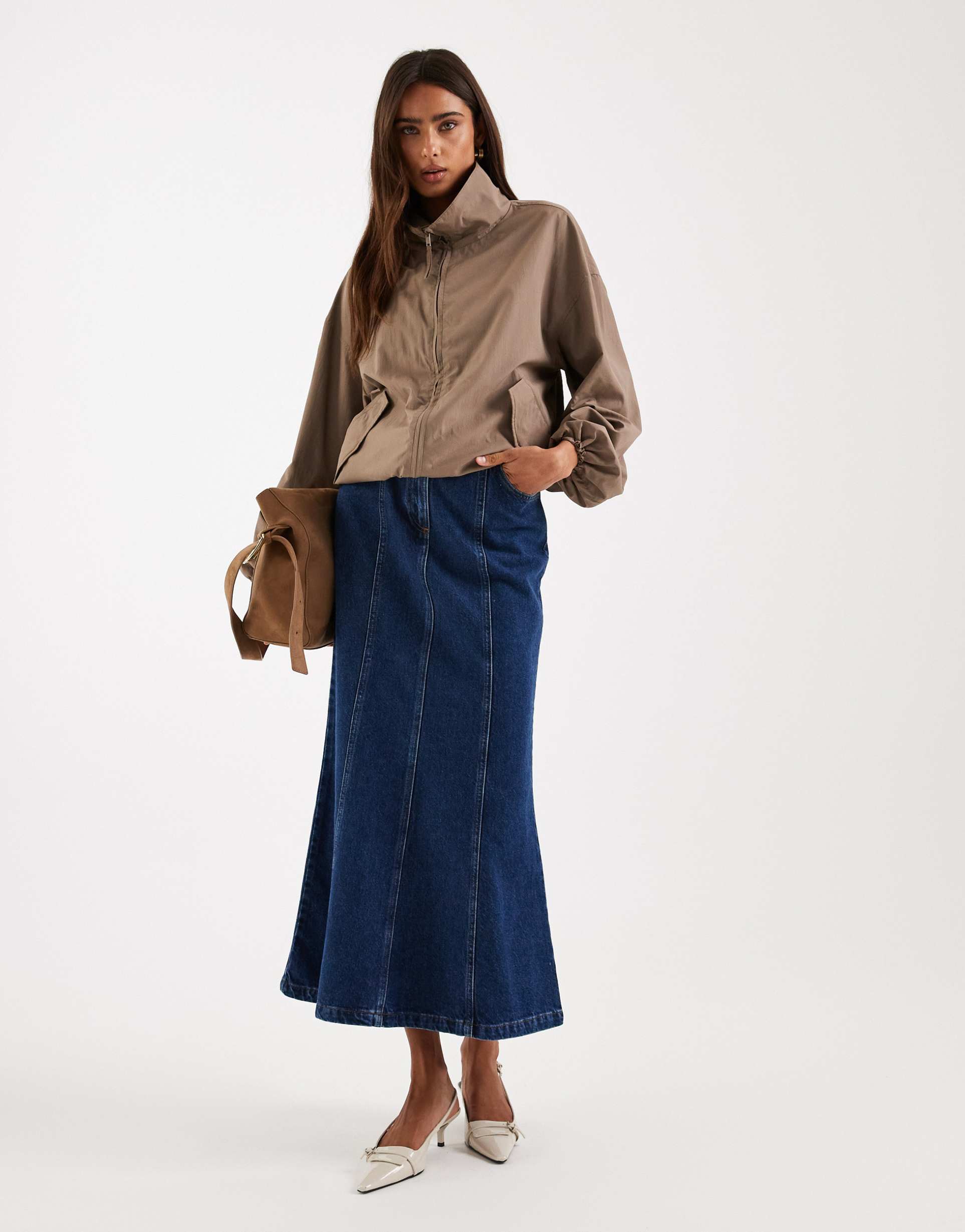 4th & reckless structured panel denim maxi skirt in dark wash