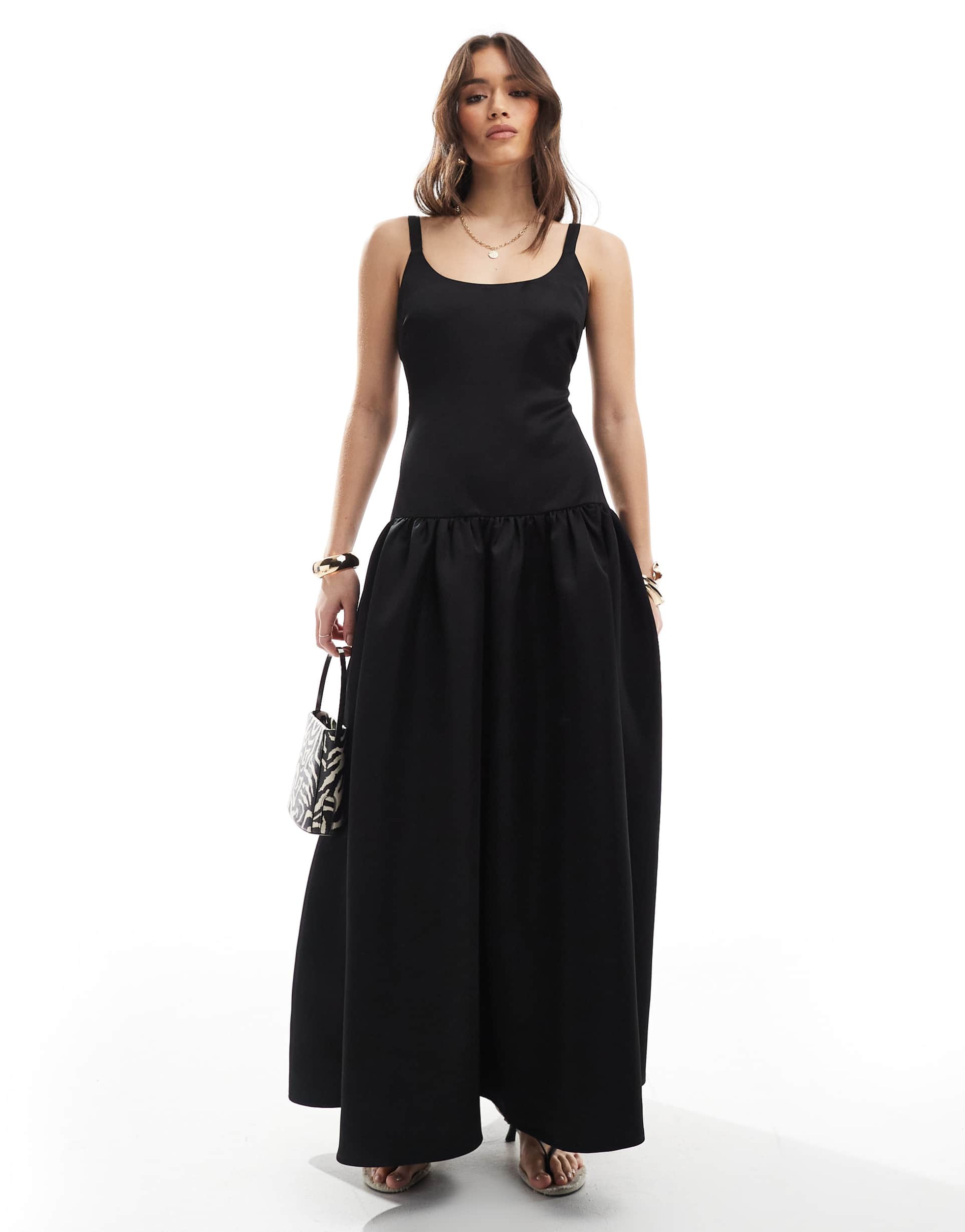 4th & reckless structured satin scoop neck dropped waist maxi dress in black