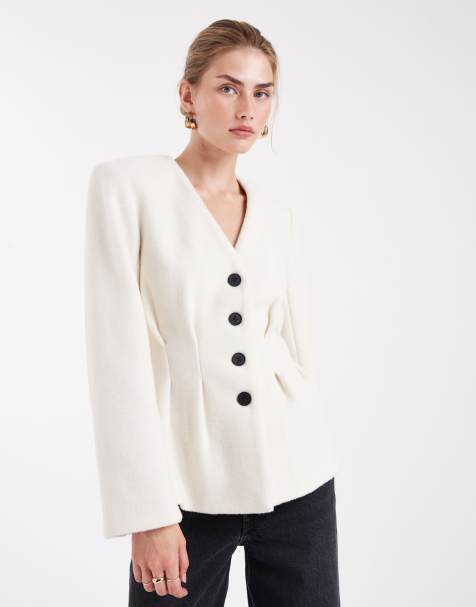 4th & Reckless structured shoulder pad detail cinched waist wool look blazer in cream - view 1