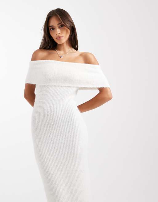 4th & Reckless – Strukturiertes, gestricktes Maxi-Pulloverkleid in Wollweiß mit Carmen-Ausschnitt, 3 von 4