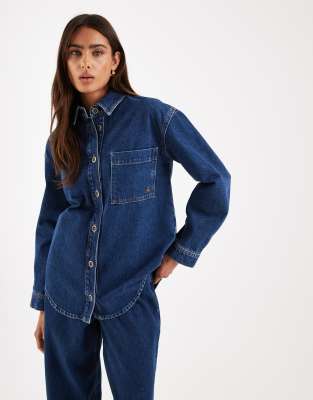 4th & Reckless - Strukturiertes Jeanshemd in dunkler Waschung mit Knopfleiste, Kombiteil-Blau