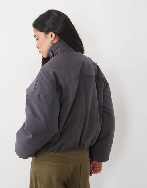 4th & Reckless suede look funnel neck cropped padded coat in gray, 3 of 4