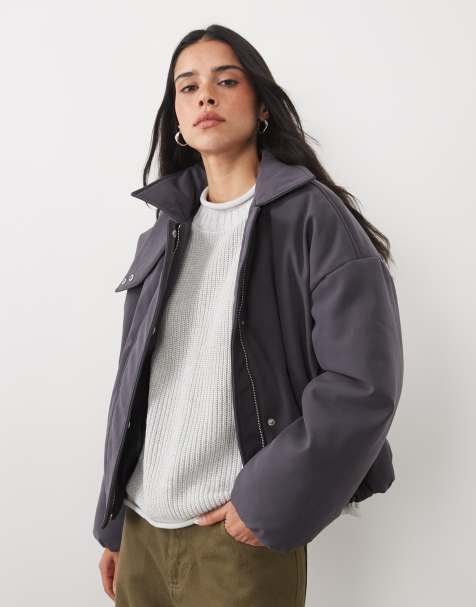 4th & Reckless suede look funnel neck cropped padded coat in grey - view 1