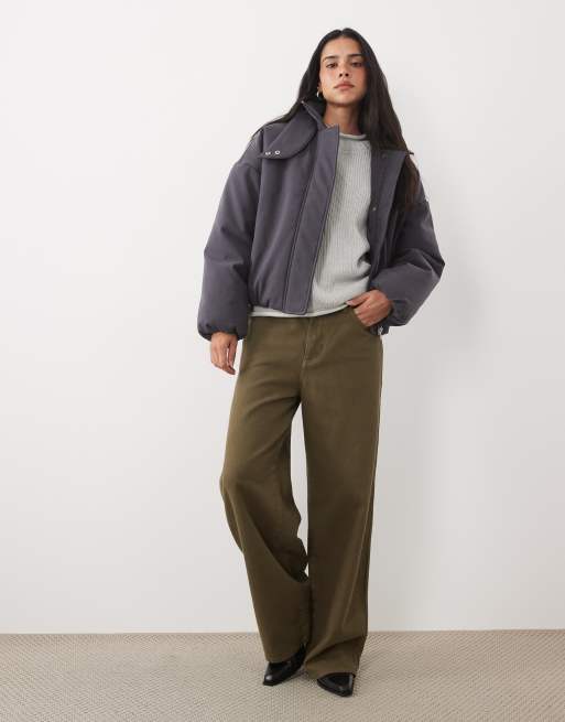 4th & Reckless suede look funnel neck cropped padded coat in grey, 4 of 4