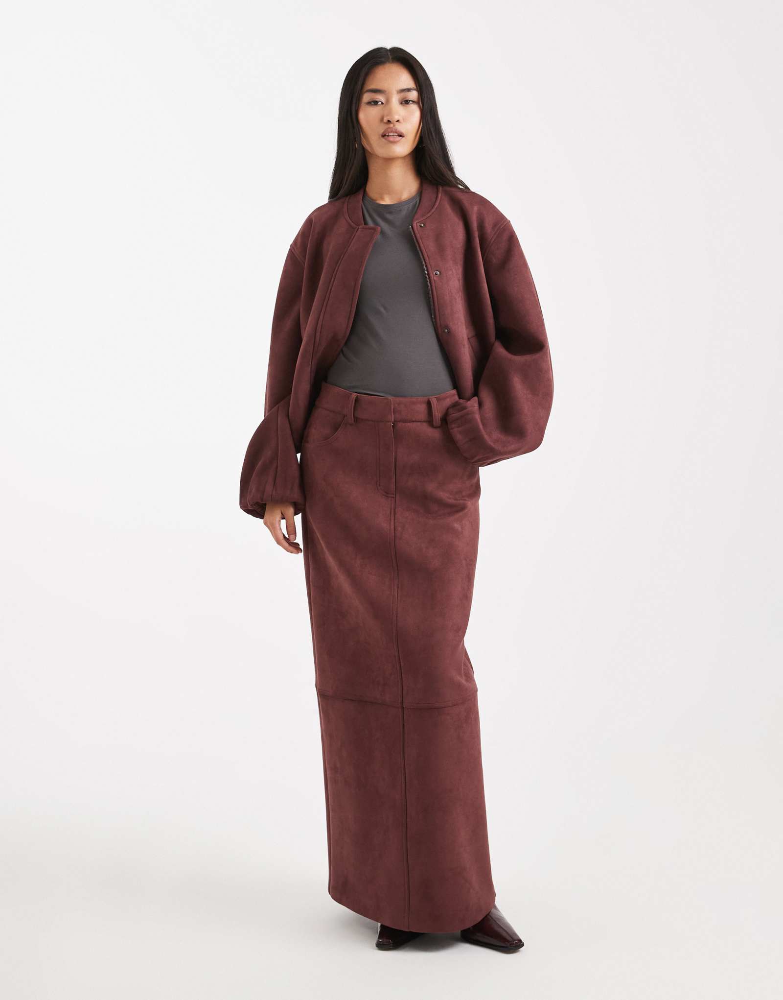 4-я и безрассудная юбка макси из супер мягкой искусственной замши бордового цвета - часть комплекта