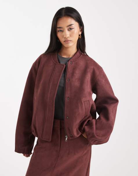 4th & Reckless super soft faux suede zip through bomber jacket co-ord in burgundy