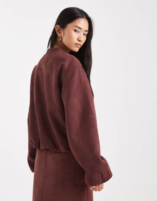 4th & Reckless super soft faux suede zip through bomber jacket co-ord in burgundy, 3 of 4
