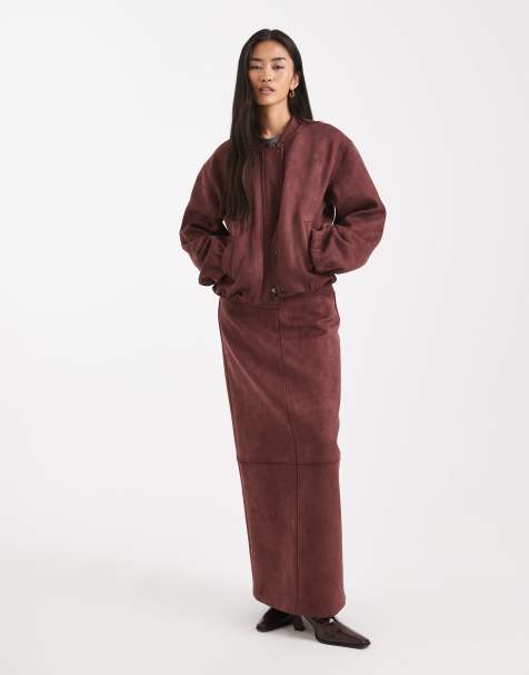 4th & Reckless super soft faux suede zip up bomber jacket and maxi skirt set in burgundy - view 1