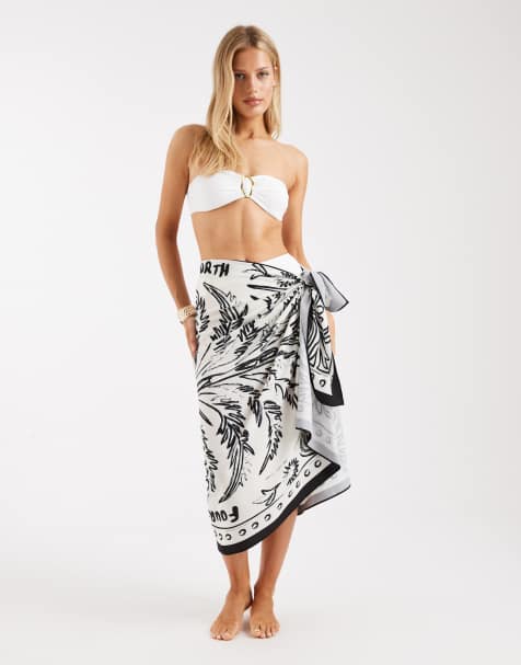 4th & Reckless – Svart, vit och palmmönstrad strandsarong i satin med omlottdesign, del av set - view 1