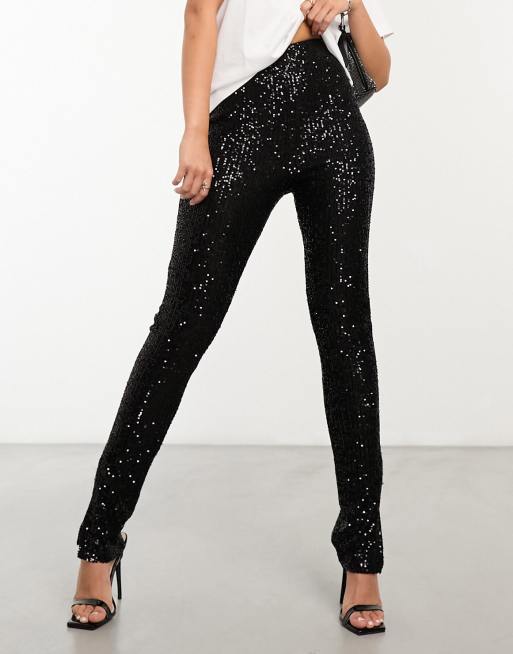 4th & Reckless – Svarta leggings med paljetter och slits vid nederkanten, 4 av 4