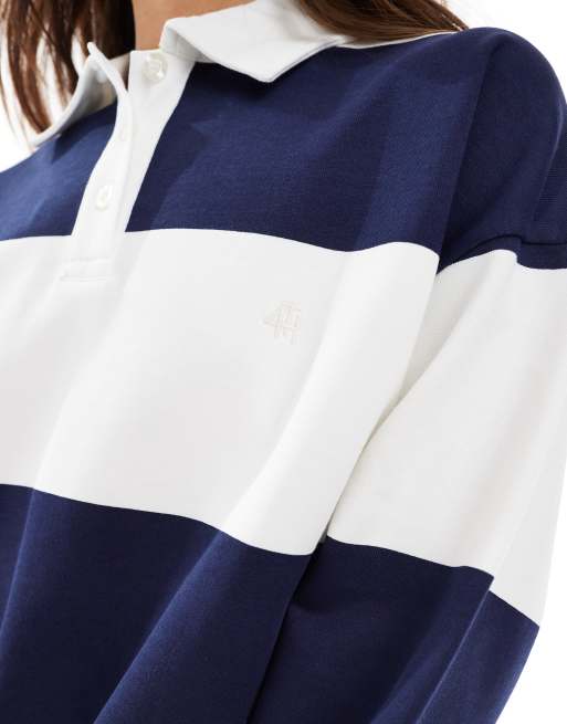 4th & Reckless - Sweat d'ensemble façon polo de rugby à rayures avec col - Bleu marine/blanc, 4 de 4