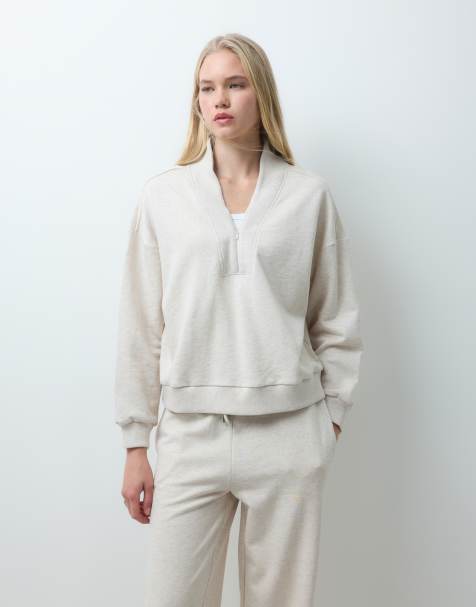 4th & Reckless sweatshirt-co-ord van katoen met fleeceback, geribbelde halslijn in oat - view 1