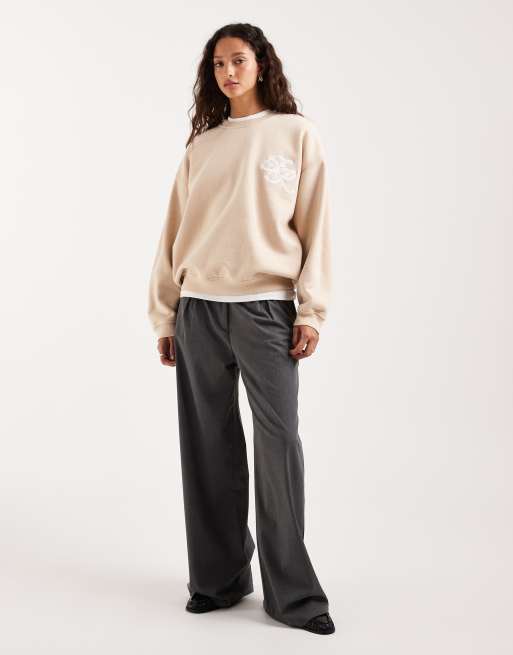 4th & Reckless - Sweatshirt van katoen met ronde hals en geborduurd logo in beige, 2 van 4