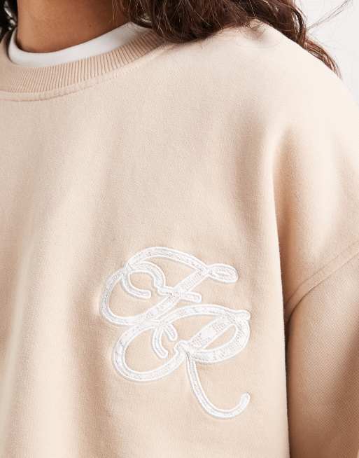4th & Reckless - Sweatshirt van katoen met ronde hals en geborduurd logo in beige, 3 van 4