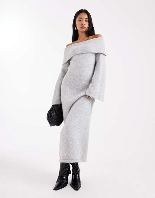 4th & Reckless – Szara sukienka maxi z dzianiny w dotyku przypominającej wełnę z rękawami typu dzwon i wywijanym dekoltem bardot