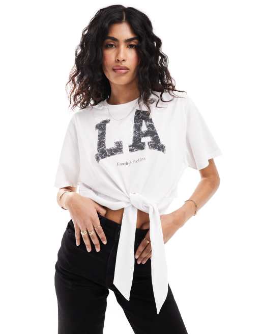 4th + Reckless - T-shirt corta oversize bianca con allacciatura e stampa LA sul davanti