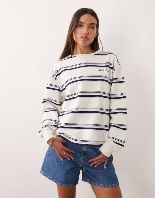 4th & Reckless - T-shirt girocollo a maniche lunghe oversize in misto cotone color crema a righe con logo ricamato, 1 di 4