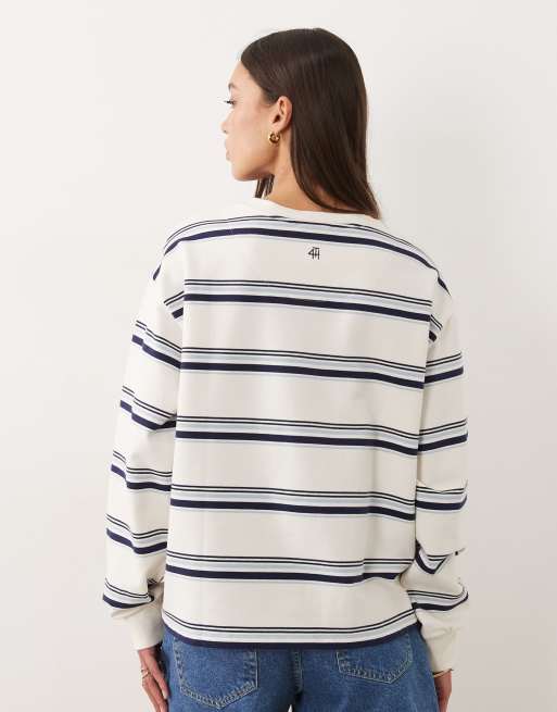 4th & Reckless - T-shirt girocollo a maniche lunghe oversize in misto cotone color crema a righe con logo ricamato, 4 di 4