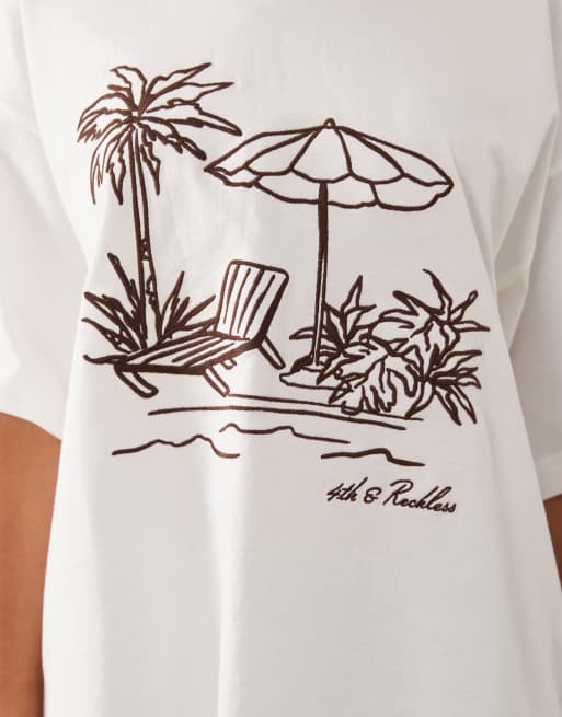 4th & Reckless T-shirt i oversized pasform med broderet strandgrafik i cremefarvet bomuld, 4 af 4