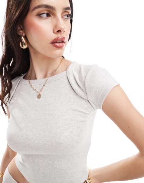 4th & Reckless - T-shirt met wijde hals in lichtgrijs, deel van co-ord set - view 1