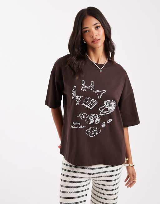 4th & Reckless - T-shirt oversize à illustrations - Chocolat