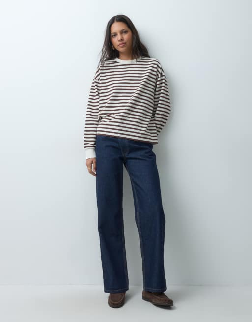 4th & Reckless t-shirt oversize a maniche lunghe girocollo in misto cotone con logo ricamato a righe marroni e crema, 5 di 5