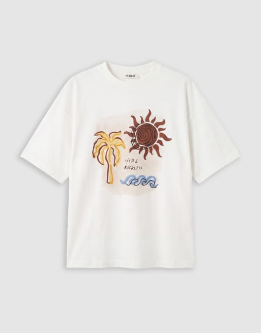 4th & Reckless - T-shirt oversize décontracté en coton mélangé avec imprimé soleil - Blanc cassé, 5 de 7
