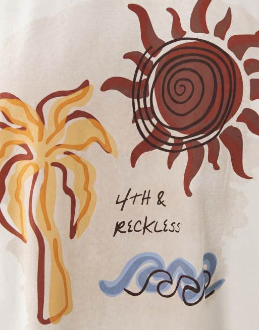 4th & Reckless - T-shirt oversize décontracté en coton mélangé avec imprimé soleil - Blanc cassé, 7 de 7