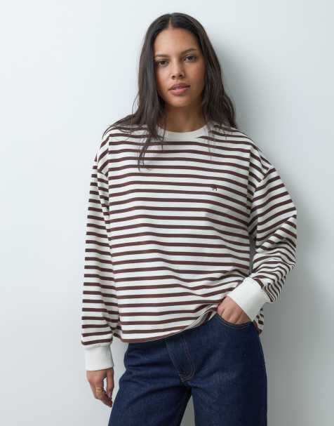 4th & Reckless T-shirt oversize z długim rękawem, haftowanym logo, w brązowo-kremowe paski - view 1