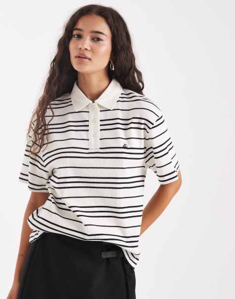 4th & Reckless - T-shirt stile rugby in cotone con logo ricamato color crema a righe - view 1