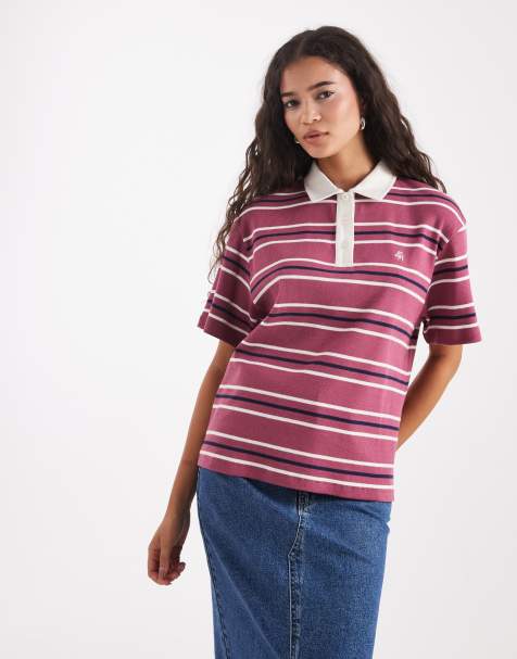 4th & Reckless - T-shirt stile rugby in cotone con logo ricamato color lampone a righe - view 1