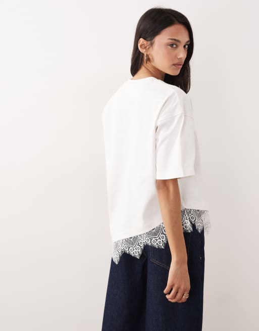 4th & Reckless - T-shirt van katoen met asymmetrische zoom en kanten rand in wit, 3 van 4